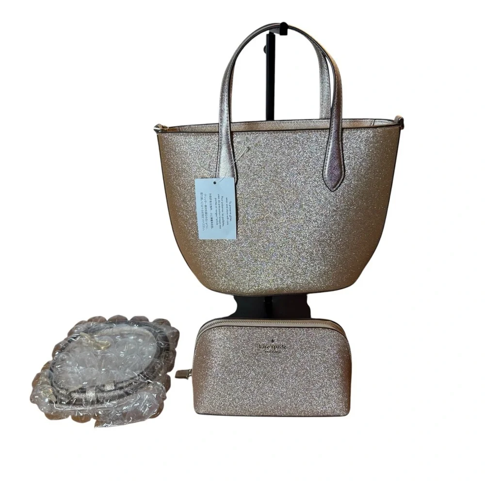 NWT KATE SPADE NEW YORK GLITTER LEATHER SATCHEL BAG WITH POUCH & STRAP - GOLD